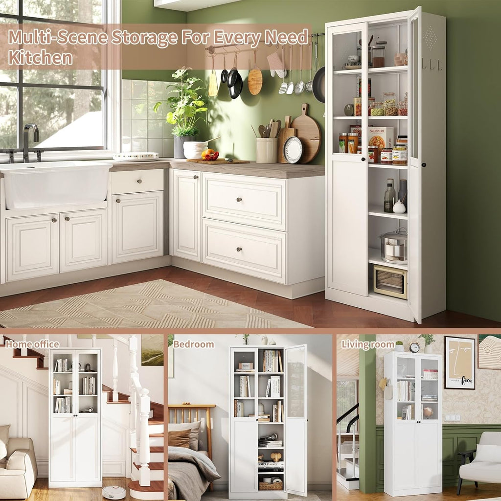 34.6" White Metal Pantry Cabinet with Adjustable Shelves, Freestanding Kitchen Storage Cabinet with Magnetic Doors, for Small Kitchen Dining Room Apartment, 27.6x13.8x34.6 Inches