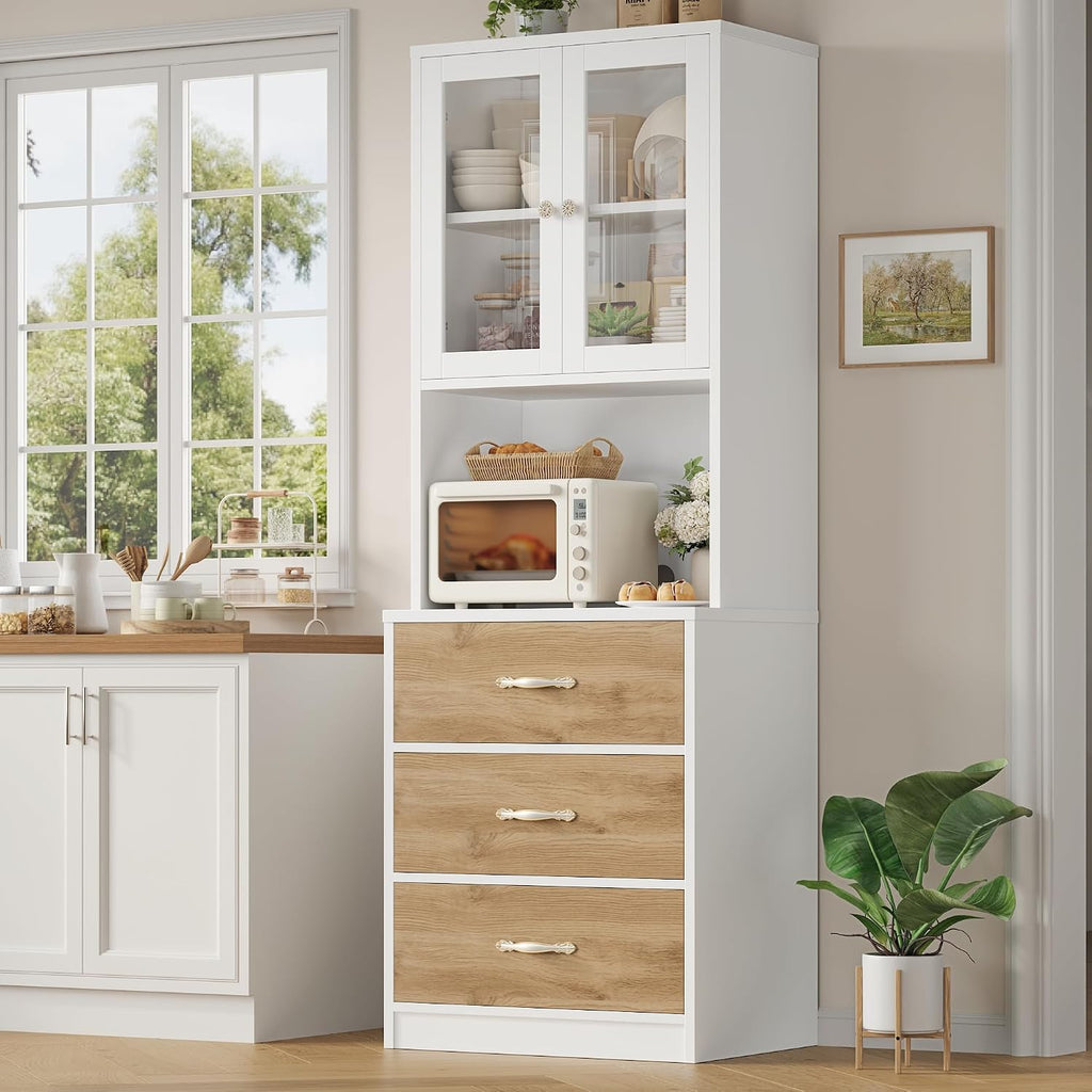 Keyluv 71“ Tall Kitchen Pantry Storage Cabinet with Microwave Stand, Buffet Kitchen Hutch with Shelves and Drawers, Wood Coffee Bar Pantry Cabinet with Glass Doors, for Dining Room/Small Space, Khaki