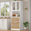 Keyluv 71“ Tall Kitchen Pantry Storage Cabinet with Microwave Stand, Buffet Kitchen Hutch with Shelves and Drawers, Wood Coffee Bar Pantry Cabinet with Glass Doors, for Dining Room/Small Space, Khaki