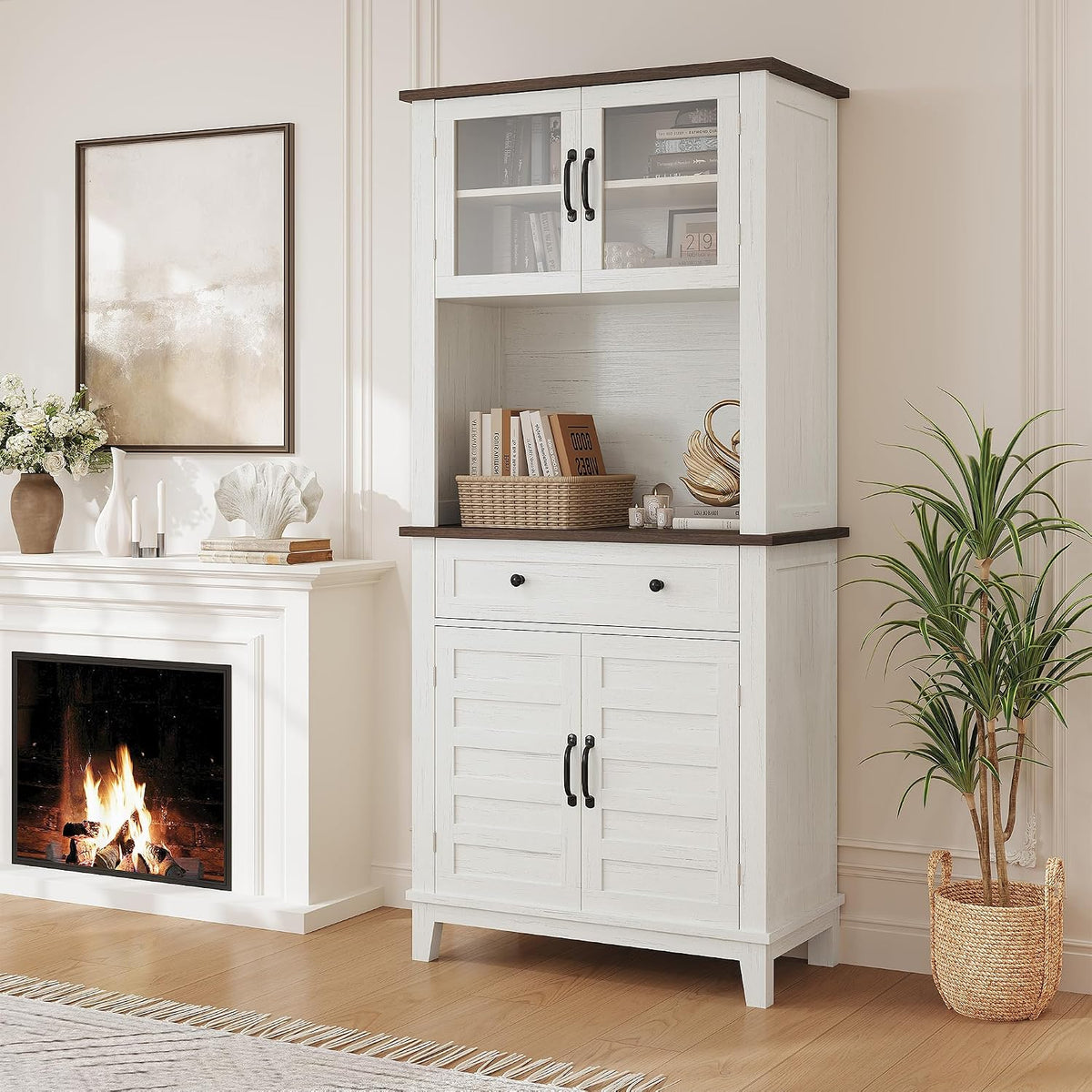 GAOMON Elegant 72" White Pantry Coffee Bar Cabinet – Tall Kitchen Storage with Adjustable Shelves, 4 Glass Doors & 1 Drawer – Multi-Functional Hutch for Dining Room & Kitchen, White