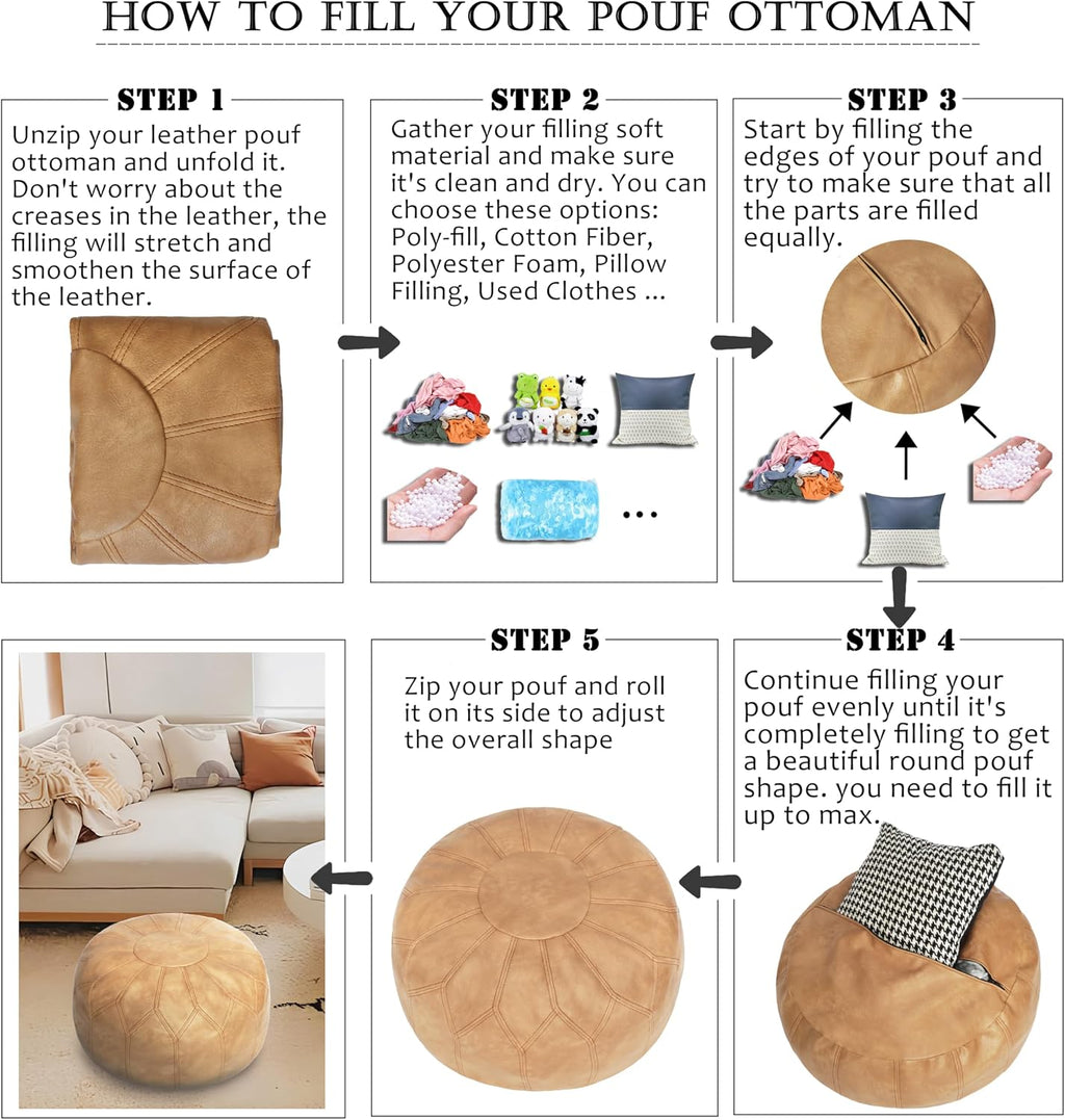 Thgonwid Unstuffed Moroccan Faux Leather Pouf Ottoman Cover with Storage - Boho Chic Multi-Use Footrest for Living Room, Bedroom, Patio - Round Ethnic Floor Cushion & Decorative Accent, Khaki