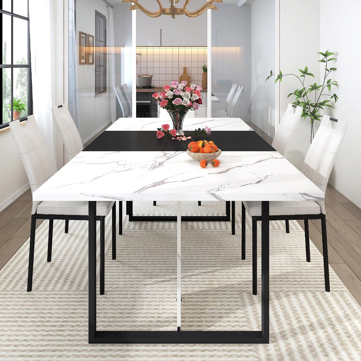 chartustriable 7PCS Dining Table Set with 6 Chairs for 4 5 6 People, 71" Large Wooden Kitchen Table Sets with 6 Upholstered Chairs,6-Person Kitchen Table & Chairs Set for Dining Room Kitchen(White)