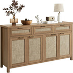 HOKYHOKY 63" Rattan Sideboard Buffet Cabinet, Boho Storage Cabinet | Adjustable Shelves, 4 Doors & 3 Drawers, Farmhouse Credenza, Coffee Bar Cabinets, Living Room, Hallway, Kitchen