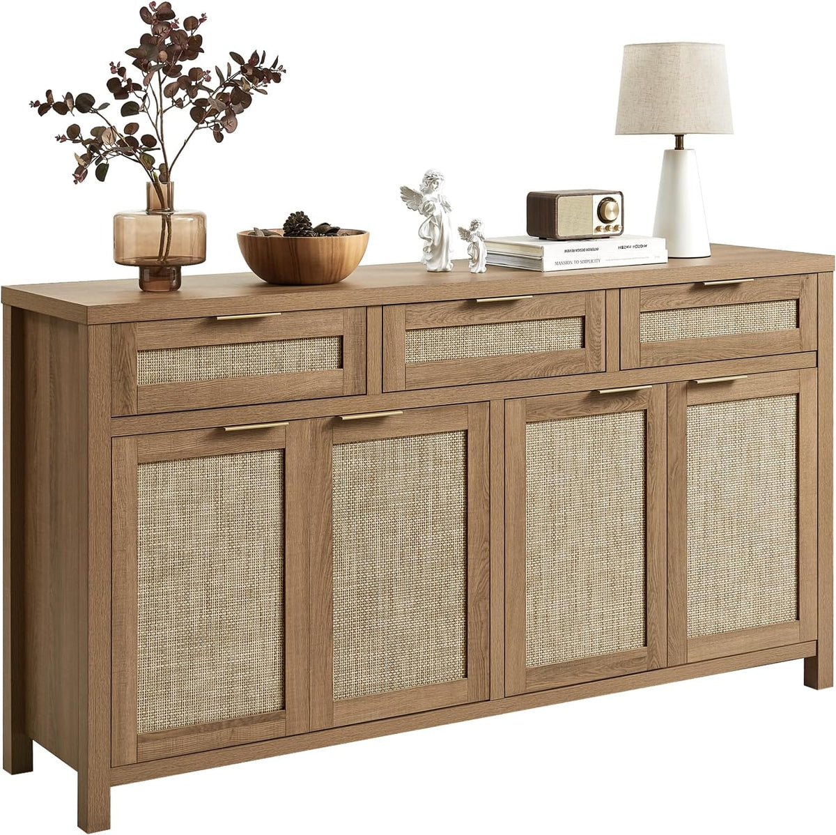 HOKYHOKY 63" Rattan Sideboard Buffet Cabinet, Boho Storage Cabinet | Adjustable Shelves, 4 Doors & 3 Drawers, Farmhouse Credenza, Coffee Bar Cabinets, Living Room, Hallway, Kitchen