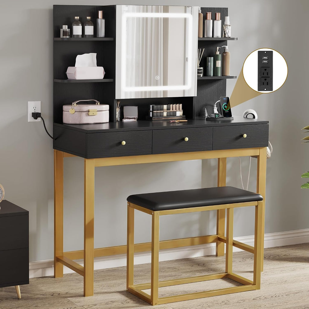 YITAHOME Vanity Desk with Mirror and Lights | Makeup Vanity Table Set with 3 Storage Drawers, Power Outlet, Chair and 6 Open Shelves, Black