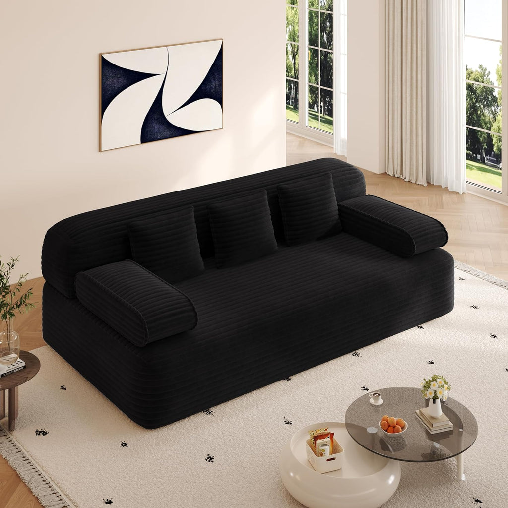 78.7'' Couches Queen, Corduroy Futon Sofa Bed, Modern Floor Couch, Cloud Convertible Sleeper Sofa Daybed, Comfy Loveseat, 3 Pillows, for Small Spaces, Living Room, Apartment, Black