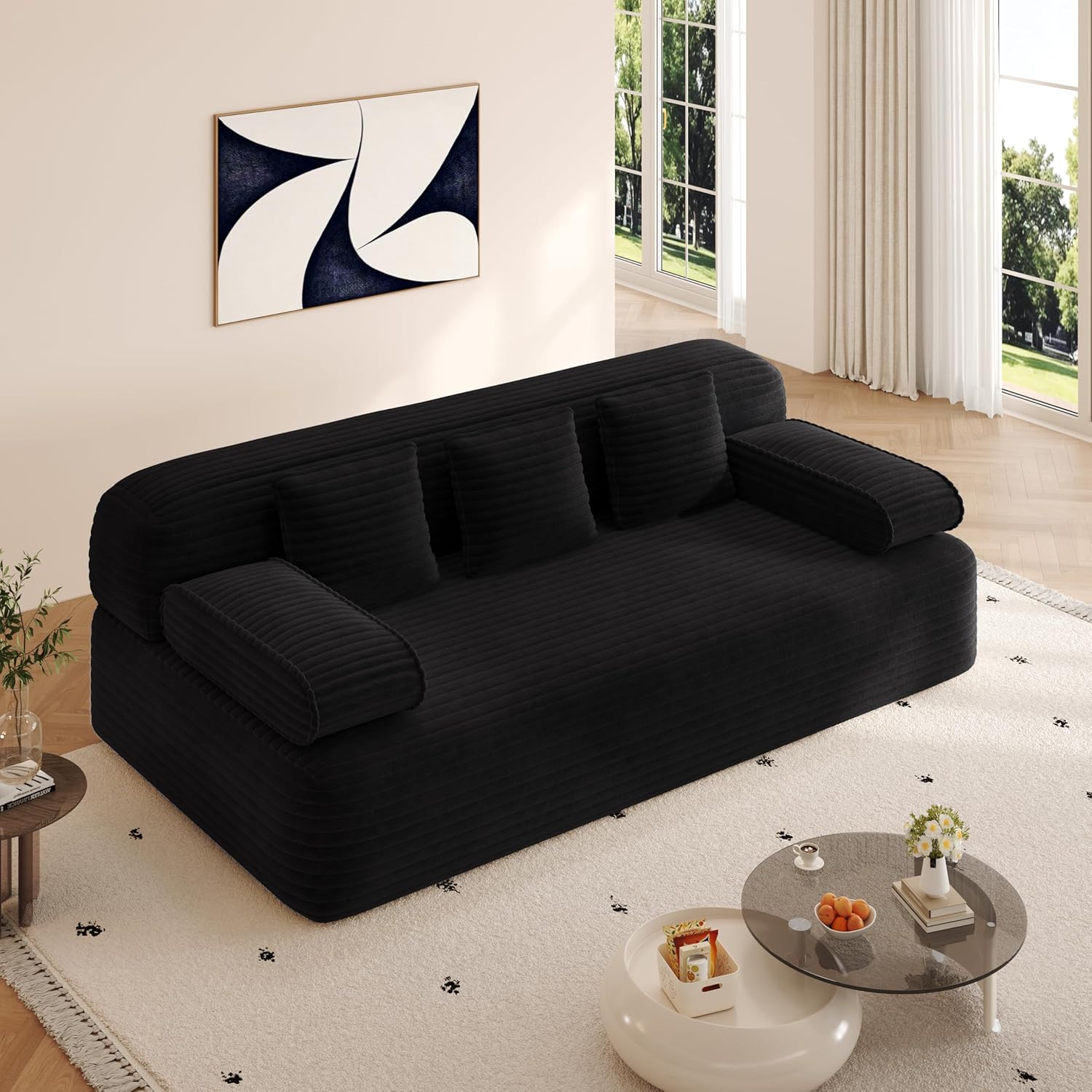 78.7'' Couches Queen, Corduroy Futon Sofa Bed, Modern Floor Couch, Cloud Convertible Sleeper Sofa Daybed, Comfy Loveseat, 3 Pillows, for Small Spaces, Living Room, Apartment, Black