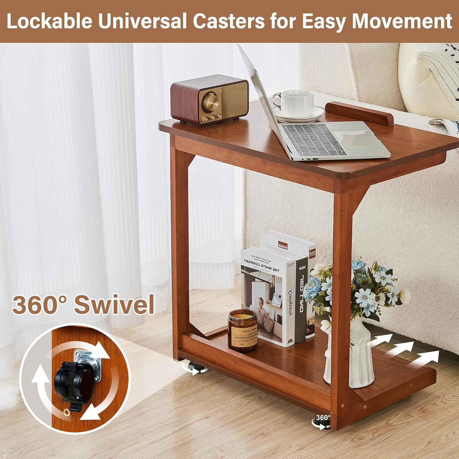 CozyDH Bedroom Side Table - Wooden End Tables Bedroom, C Shaped End Table with Wheels, Small Rolling Table for Bedside, Skinny Tray Desk for Sofa/Couch/Living Room, Teak