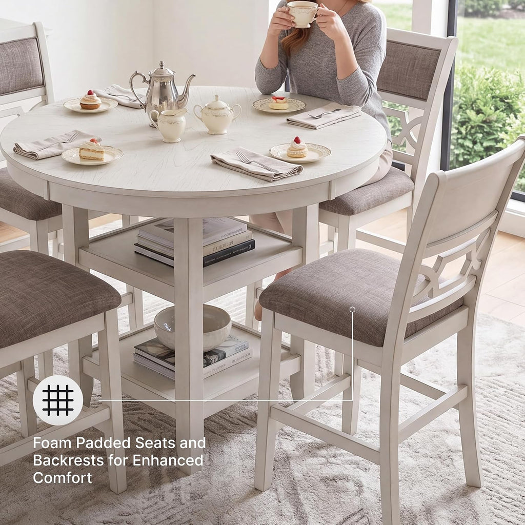 Signature Design by Ashley Round Dining Table Set for 4, Counter Height | 42-inch round table with built-in storage shelves, 4 foam-cushioned light gray barstools, Antique white finish, Erinberg