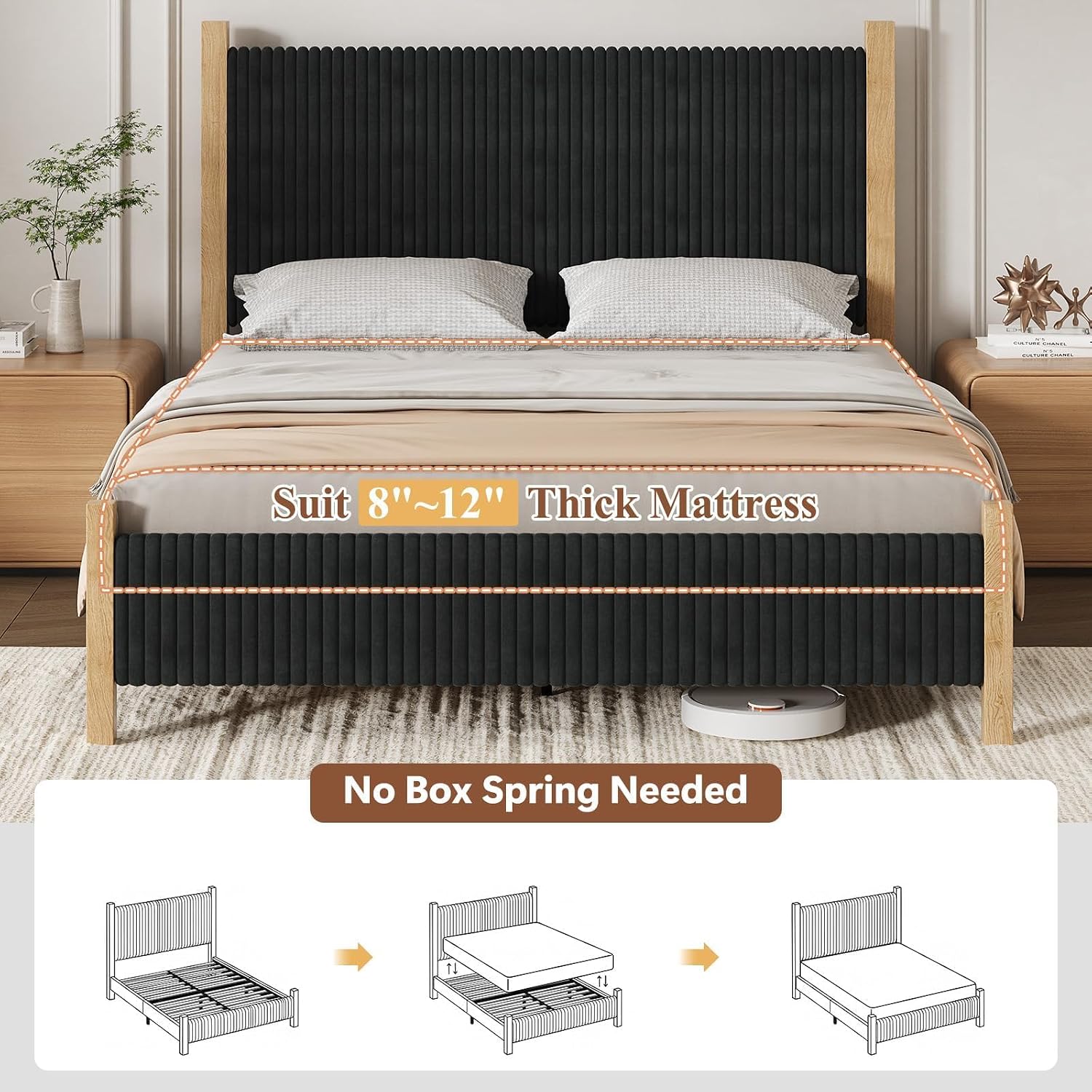 IMMERSTABLE Full Bed Frame with Headboard, Upholstered Platform Bed, Black