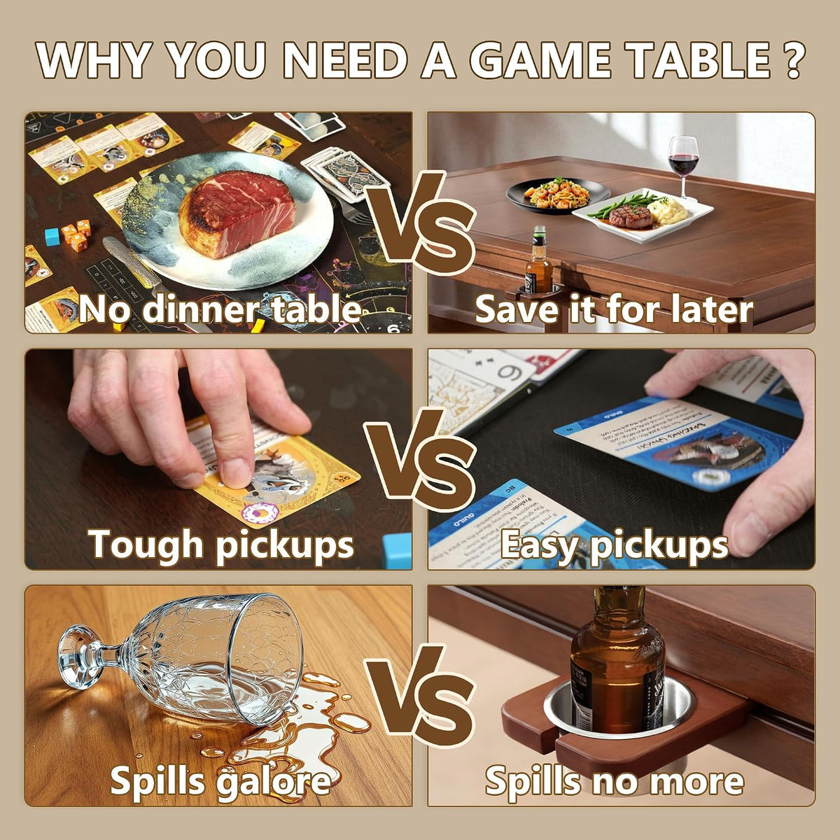 Solid Wood Board Game Table with Removable Table Top for 4–6 Players,Gaming Table and Dining Includes Play Mat and Detachable Cup Holders with 55" x 31" Play Area (Cherry)