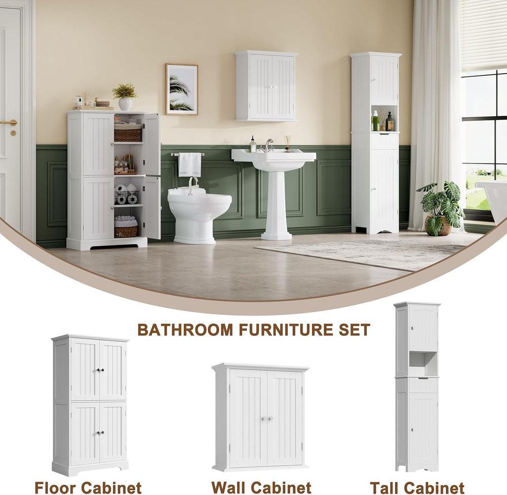 ChooChoo Bathroom Floor Cabinet, Modern Bathroom Storage Cabinet with 4 Doors and Adjustable Shelves, Freestanding Cupboard for Living Room, White | Bathroom Storage Cabinet, 4 Doors, Freestanding Cupboard for Living Room, White