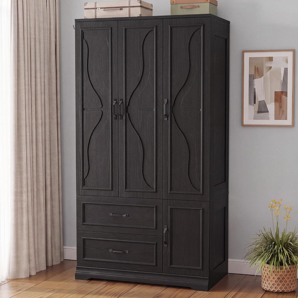 LIKIMIO Armoire Wardrobe Closet with 4 Doors and Drawers, Black