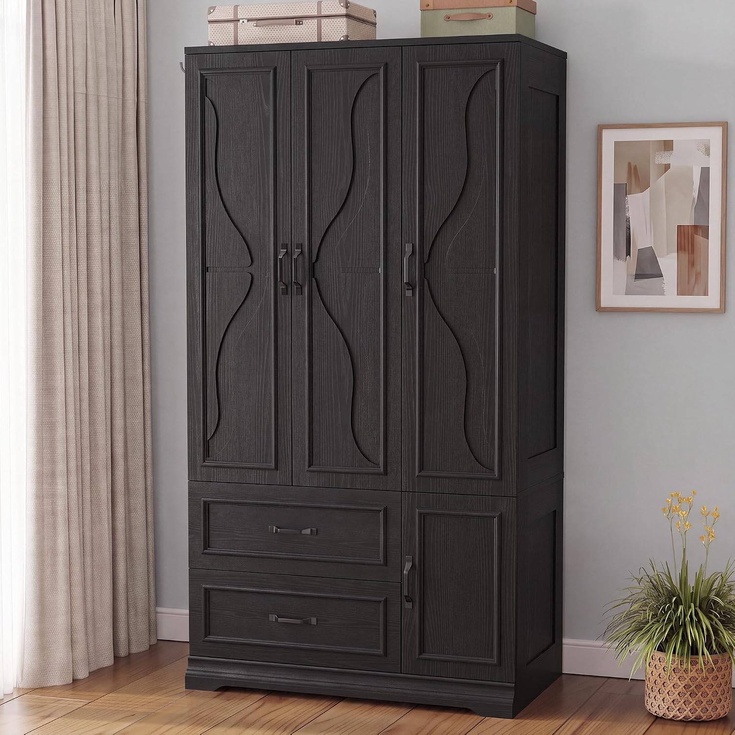 LIKIMIO Armoire Wardrobe Closet with 4 Doors and Drawers, Black