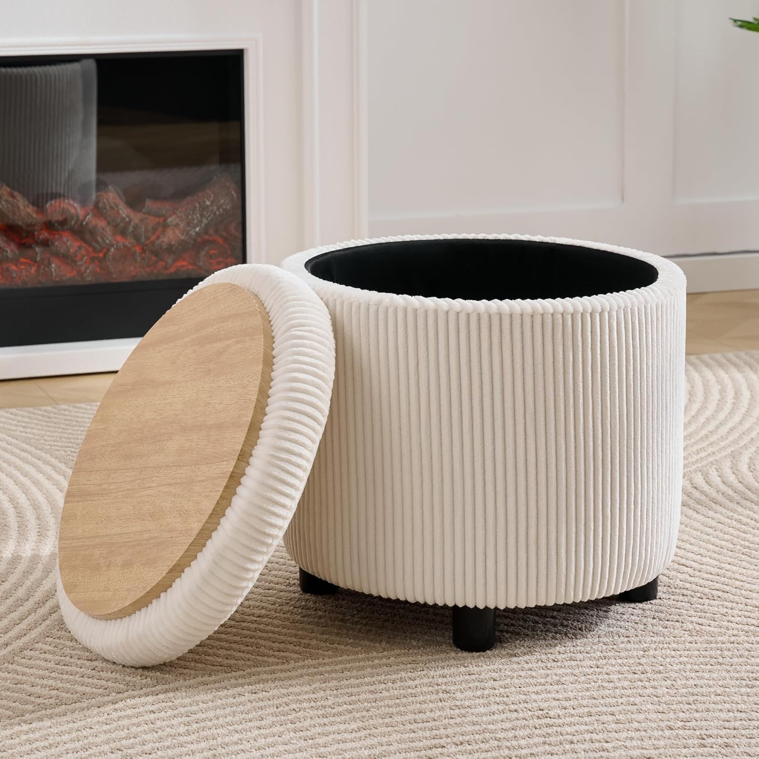 WUTUTUEE Corduroy Storage Ottoman with Flip-Top Tray, Modern Upholstered Ottoman Coffee Table, Dual Leg Options Ottoman Footrest for Living Room, Bedroom, Office, White