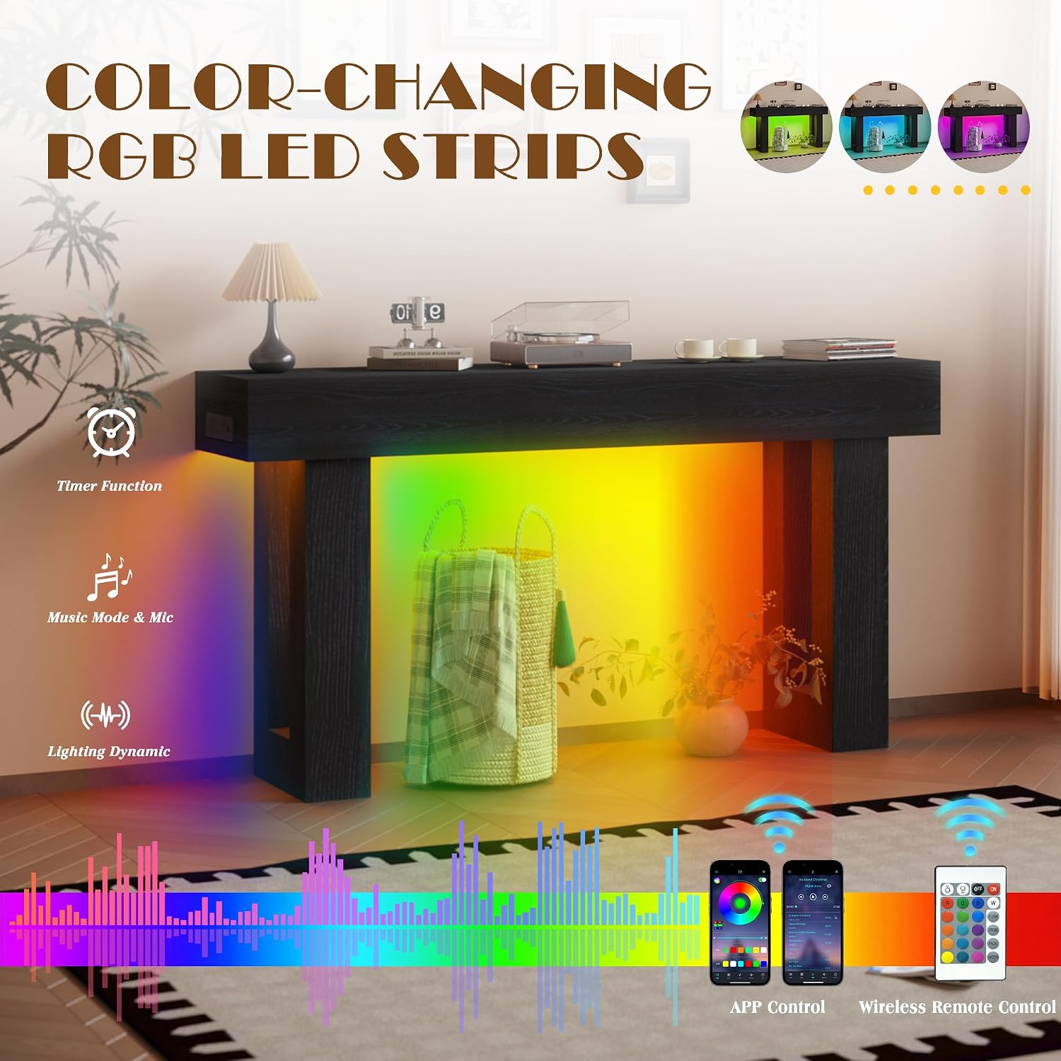63" Extra-Long Modern Console Table with Charging Station, RGB LED Lights & Storage, Versatile Narrow Sofa Table Behind The Couch, Perfect for Entryway, Hallway or Living Room (Black Light)