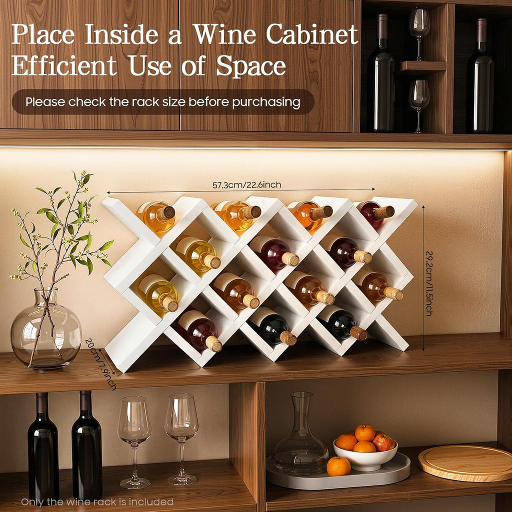 10 Grids Wooden Wine Rack – Wall Mounted or Countertop Storage, Diamond Lattice Design for 10 Bottles, Space-Saving Horizontal Storage, White