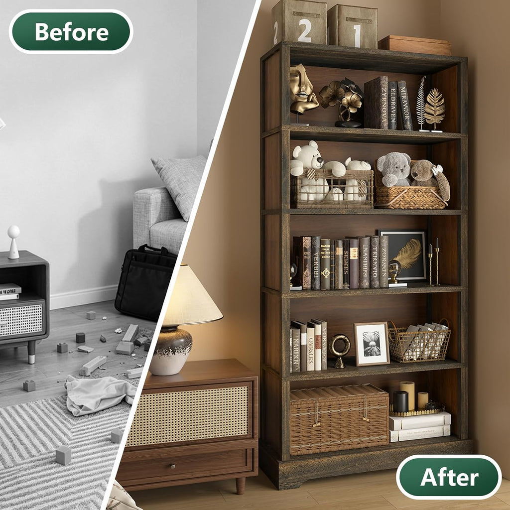 TVU 5 Tiers Wooden Bookshelf, 65.2" Tall Farmhouse Style Open Bookcase, 31.5" Wide Standing Book Shelf with Storage for Study Room, Living Room, Walnut Brown