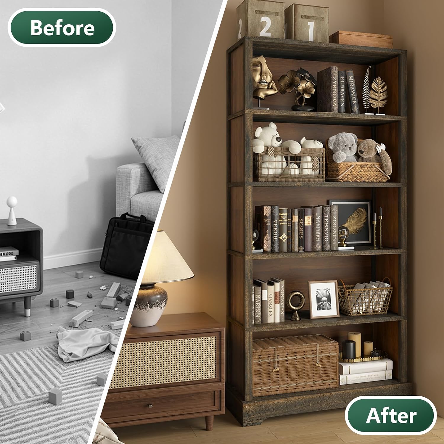 TVU 5 Tiers Wooden Bookshelf, 65.2" Tall Farmhouse Style Open Bookcase, 31.5" Wide Standing Book Shelf with Storage for Study Room, Living Room, Walnut Brown