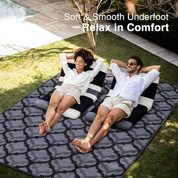 OLANLY Reversible Outdoor Rug 6x9 ft Clearance, Waterproof Outdoor Plastic Straw Rug with Interlacing Pattern, RV Mat for Patio, Camping, Balcony, Deck, Backyard, Black & Grey