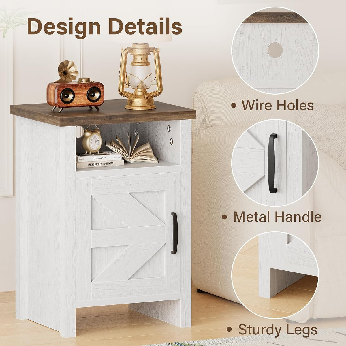 JUMMICO Farmhouse Nightstand, Modern Bedside Table with Barn Door and Shelf, Rustic End Table Side Table for Bedroom,Living Room(1, Rustic & White)