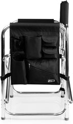 PICNIC TIME Sports Chair with Side Table and Armrest Caddy, Lightweight Aluminum Folding Outdoor Camping Chair for Adults, Portable Director Style Lawn Seating with Pockets & Carry Strap, (Black)