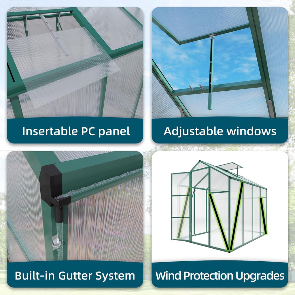 86in High 6*8.2FT Greenhouse for Outdoors, Polycarbonate Greenhouse with Stronger Wind Protection and Roof Vent, Walk-in Large Aluminum Sunroom Winter Proof, Green
