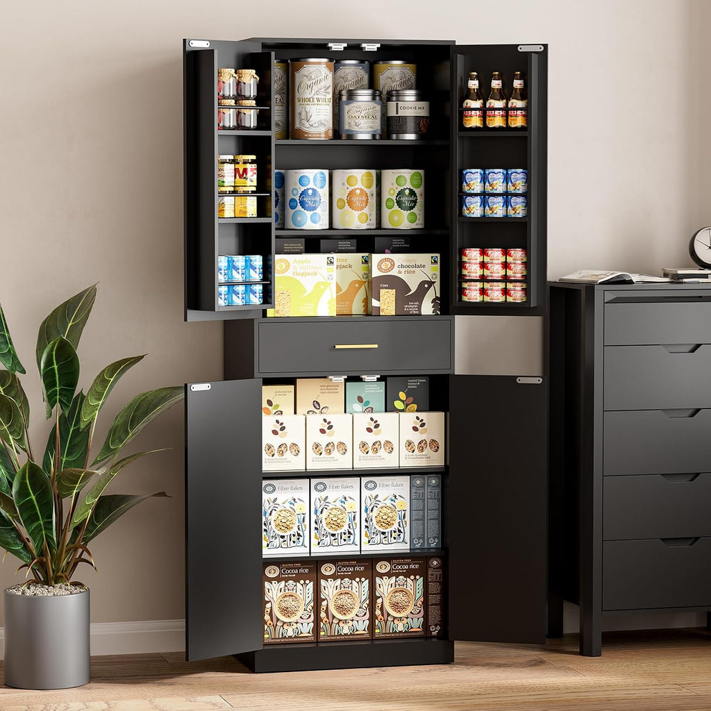 71" Tall Kitchen Pantry Storage Cabinet with 4 Doors & Drawer, Adjustable Shelves, Farmhouse Cupboard, Freestanding Cabinet with Door Shelves for Dining Room/Living Space, Black