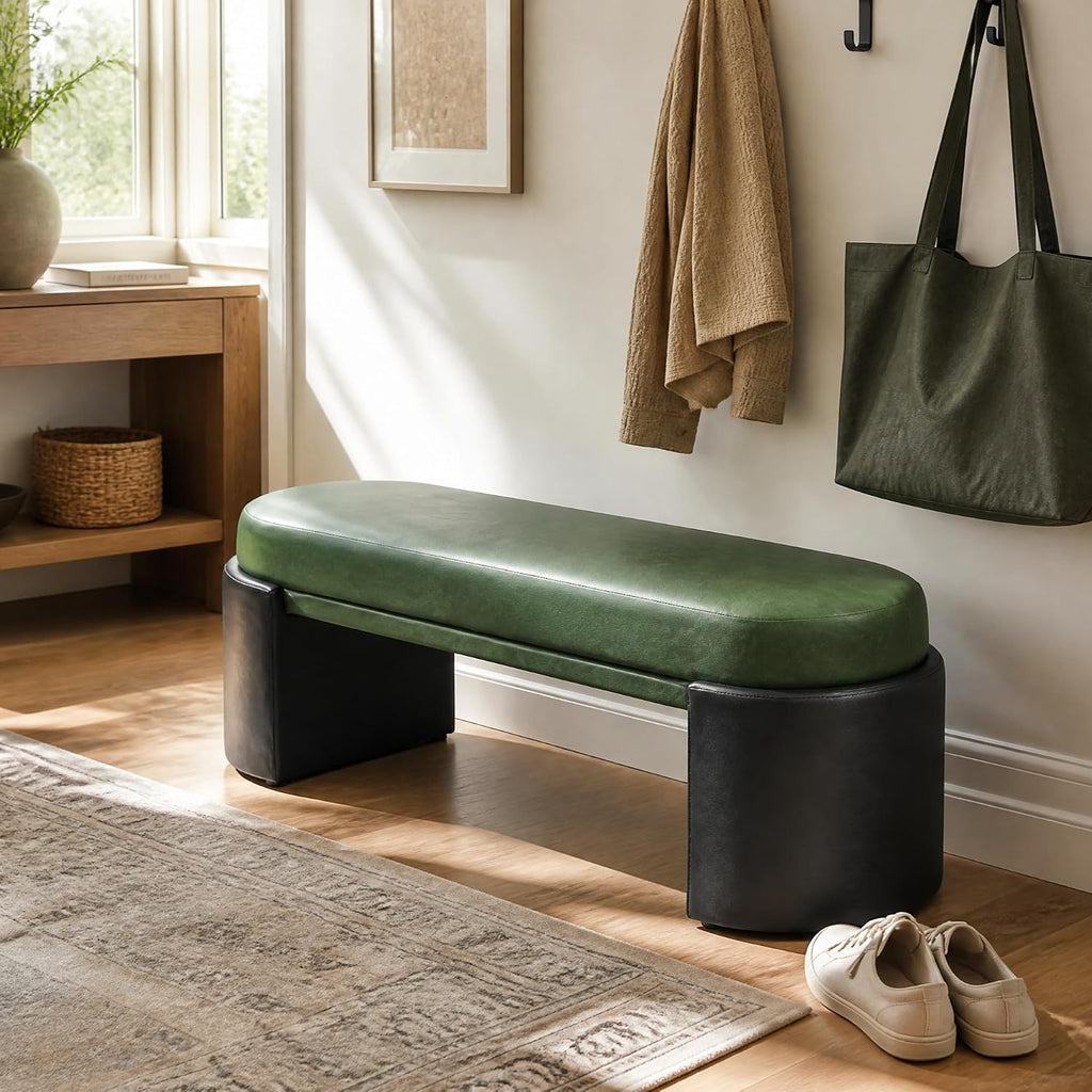 Christopher Knight Home Roland 48" Faux Leather Upholstered Dining Bench, Wooden Entryway Bench, Long Sofa Footstool for Living Room, Bedroom End of Bed Bench, Green+Black