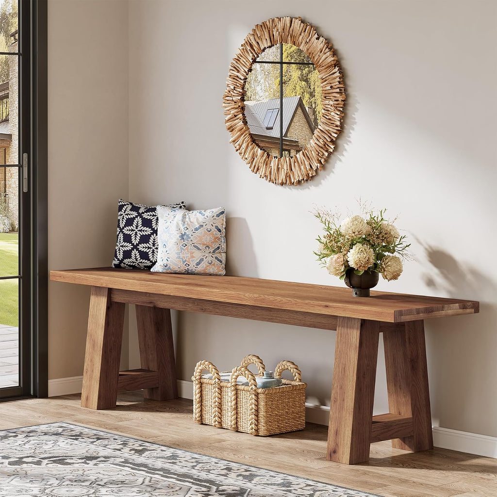 55" Solid Wood Entryway Bench, Farmhouse Long Wood Bench Dining Seat for Living Room, Kitchen, Hallway, Rustic Brown