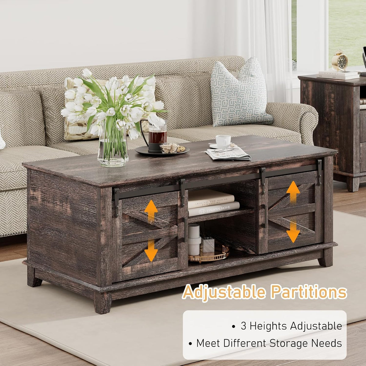 LUXOAK Farmhouse Table Set of 3, Coffee Table with Sliding Barn Doors, End Tables Set of 2 with Charging Station for Living Room & Bedroom, Sliding Barn Doors, 2 Tiers Storage Drawer, Dark Rustic Oak