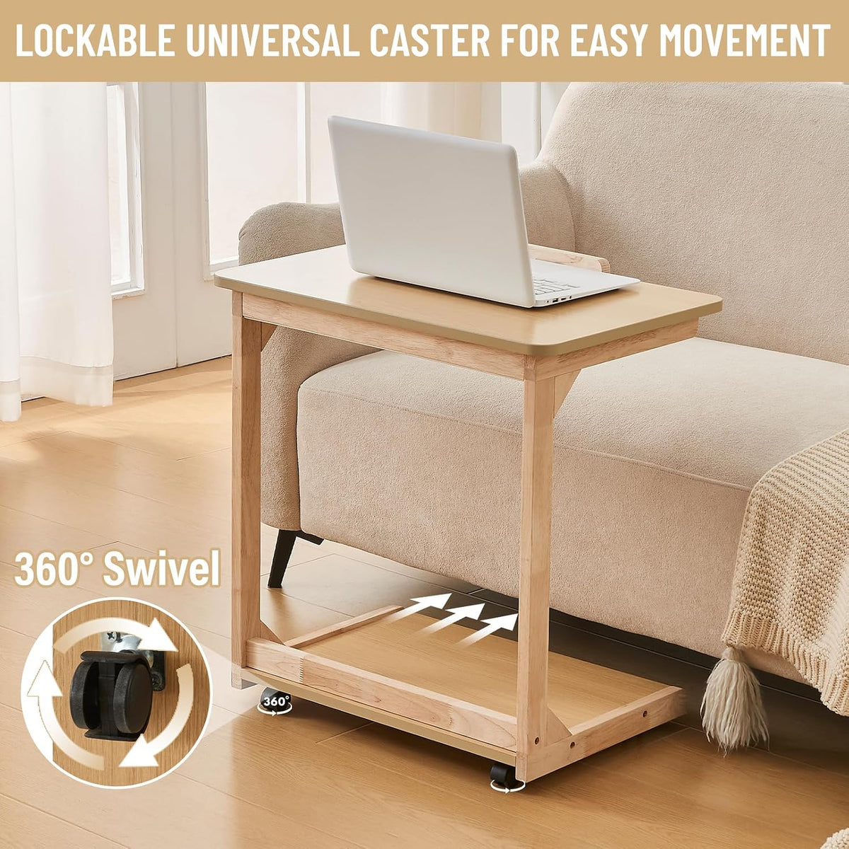 Uniclinens Rolling Side Table Desk Sofa - C Shape Couch End Table with Wheels, Mobile Wooden Slim Sofa Tray, Movable Small Couch Desk for Living Room Bedroom, Natural
