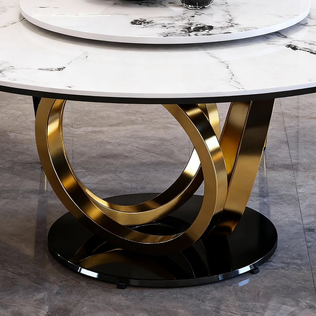 Montary 53” Modern Round Dining Table for 4-8 Seat, Artificial Marble Dining Room Table with Lazy Susan, 3 Gold Circles Stainless Steel Base, Sintered Stone Top Dining Table (Only Table)