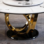 Montary 53” Modern Round Dining Table for 4-8 Seat, Artificial Marble Dining Room Table with Lazy Susan, 3 Gold Circles Stainless Steel Base, Sintered Stone Top Dining Table (Only Table)
