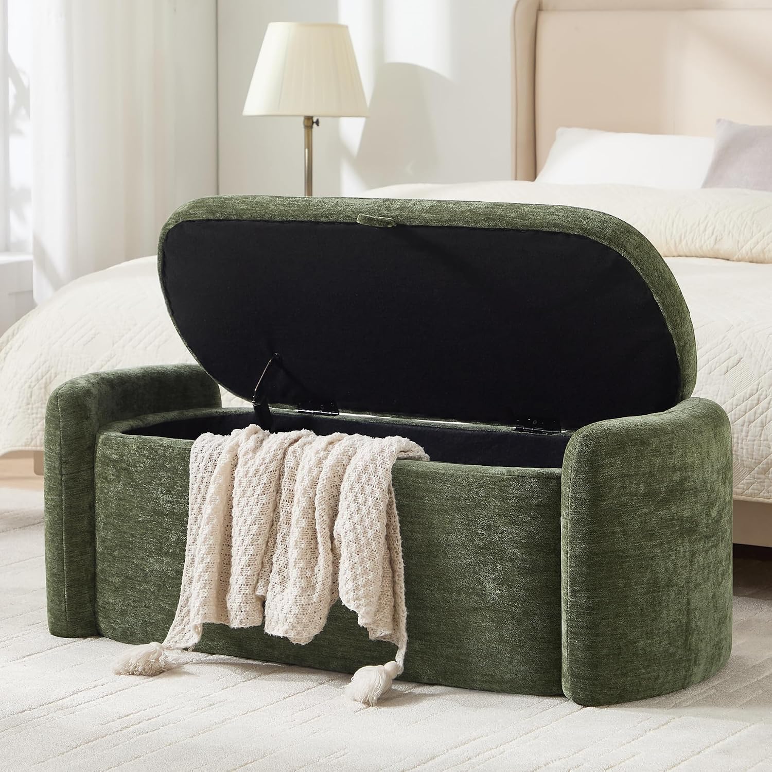 Oval Ottoman Bench with 20 Gal of Storage Space Upholstered Chenille Seat End of Bed Storage Bench Storage Ottoman with Storage for Bedroom, Living Room, Entryway, Window(Green)