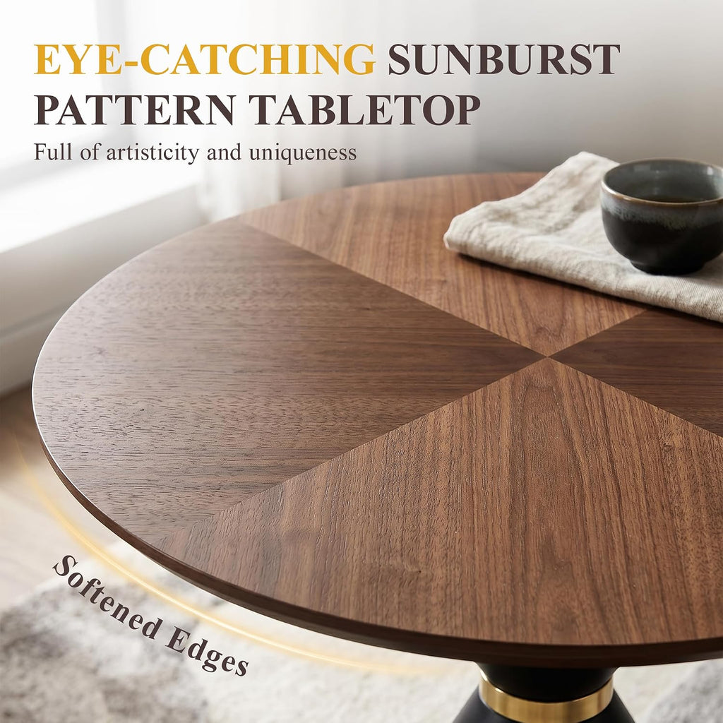 HNY Round Dining Table, 37.5" Modern Coffee Table with Walnut Inlay Tabletop & Matte Black Hourglass Base, Small Accent Table Compact Tables for Living Room, Bedroom, Balcony, Small Space