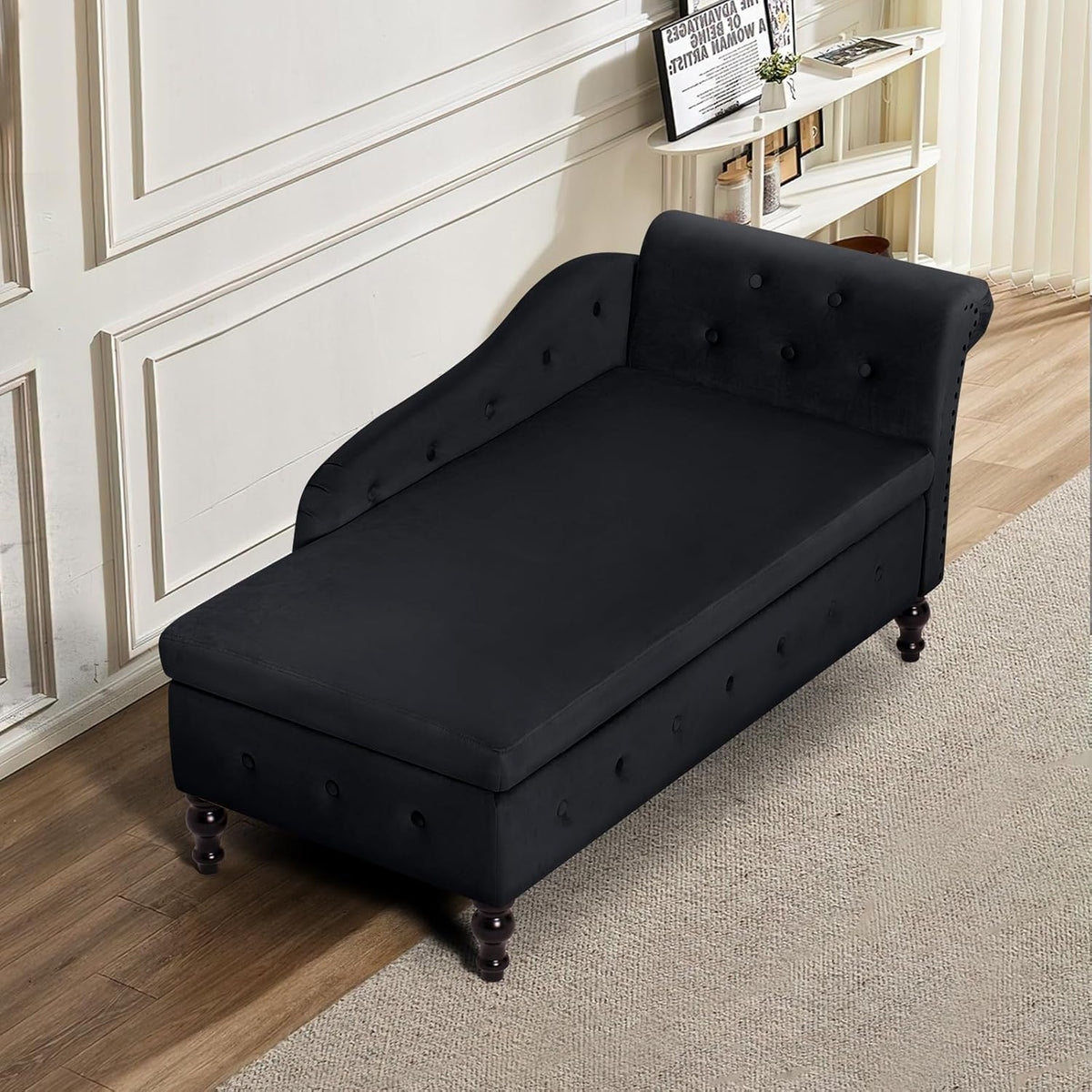 Chaise Lounge with Right Armrest & Lumbar Pillow,Button Tufted Lounge Sofa with Storage,Lounge Chair Indoor,Modern Upholstered Velvet Lounge Chair for Bedroom, Living Room and Office,Black