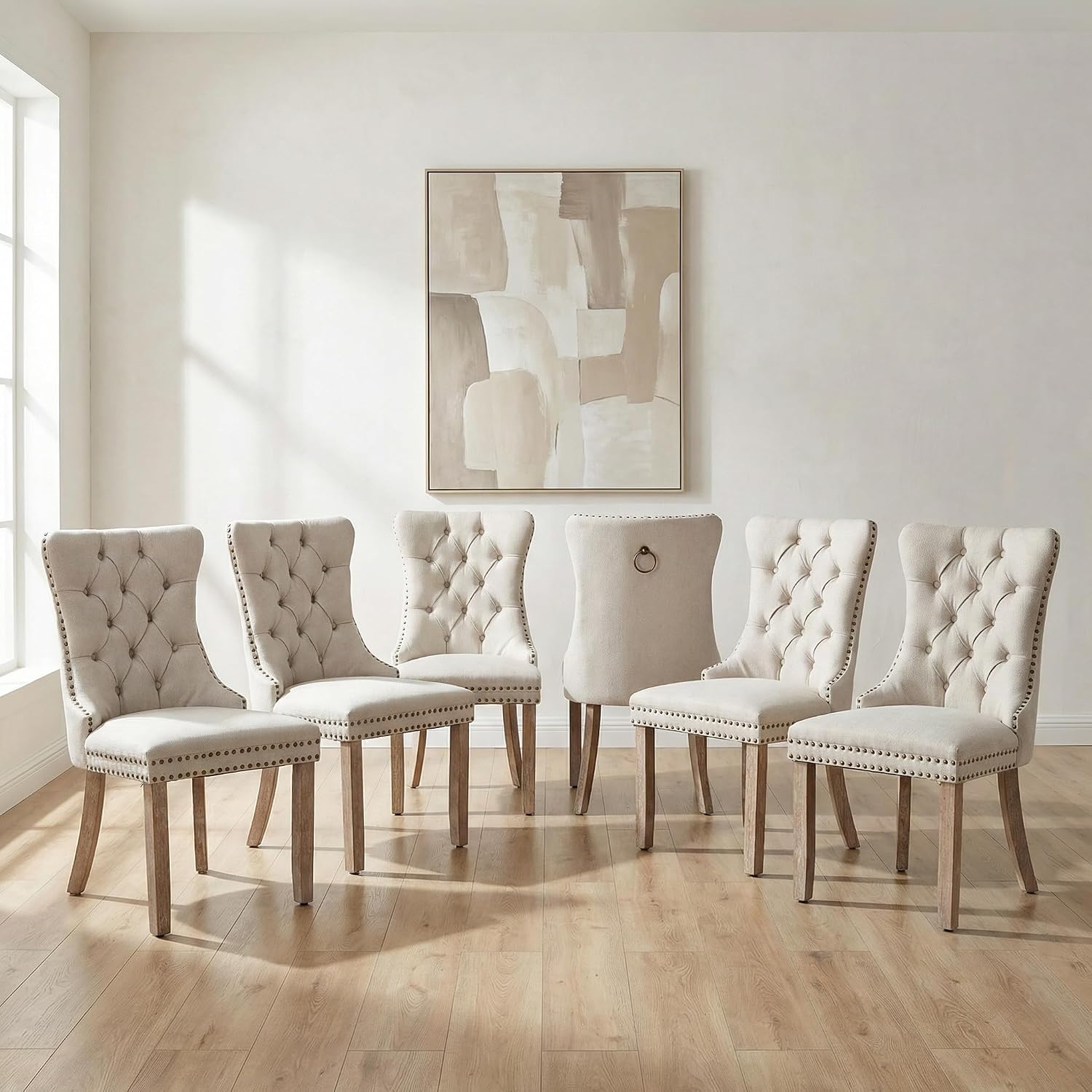 OVENTA Modern Tufted Upholstered Dining Chairs Set of 6, Beige Linen Dining Room Chair with Solid Wood Legs, Sillas de Comedor, Kitchen Chairs (Beige, Linen Set of 6)