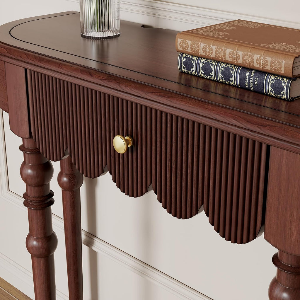Solid Wood Console Table with Drawer – Dark Walnut Entryway Table with Scalloped Edge and Straight Legs, Narrow Accent Sofa Table for Living Room or Hallway(Dark Walnut)