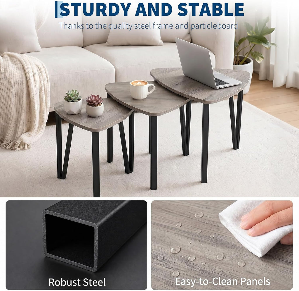 Nesting Coffee Tables Set of 3,Triangle Rustic Industrial Side End Tables for Home