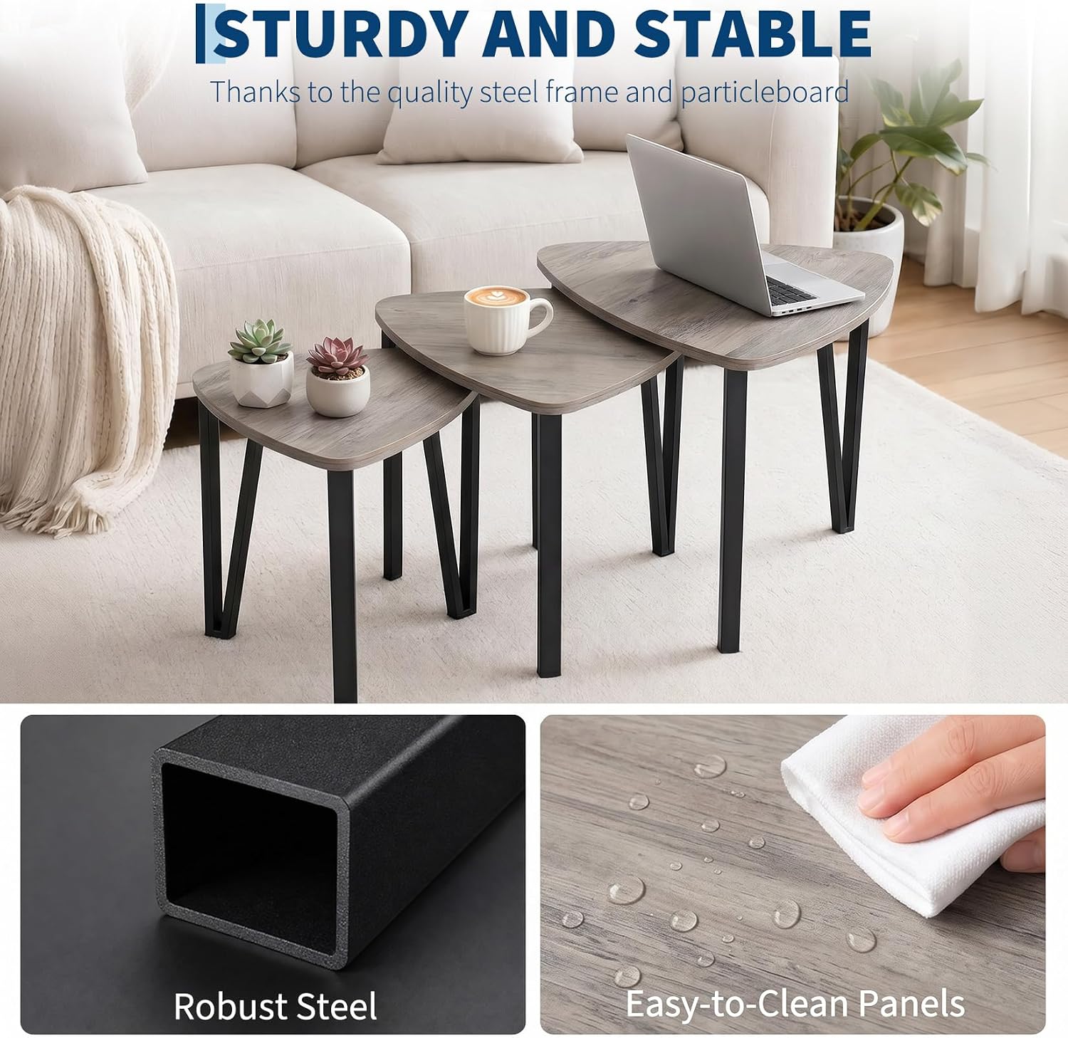 Nesting Coffee Tables Set of 3,Triangle Rustic Industrial Side End Tables for Home