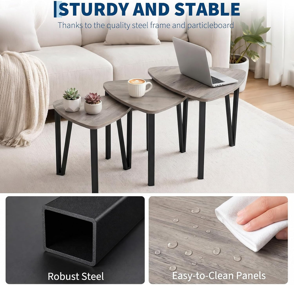 Nesting Coffee Tables Set of 3,Rustic Industrial Triangle Side End Table for Home