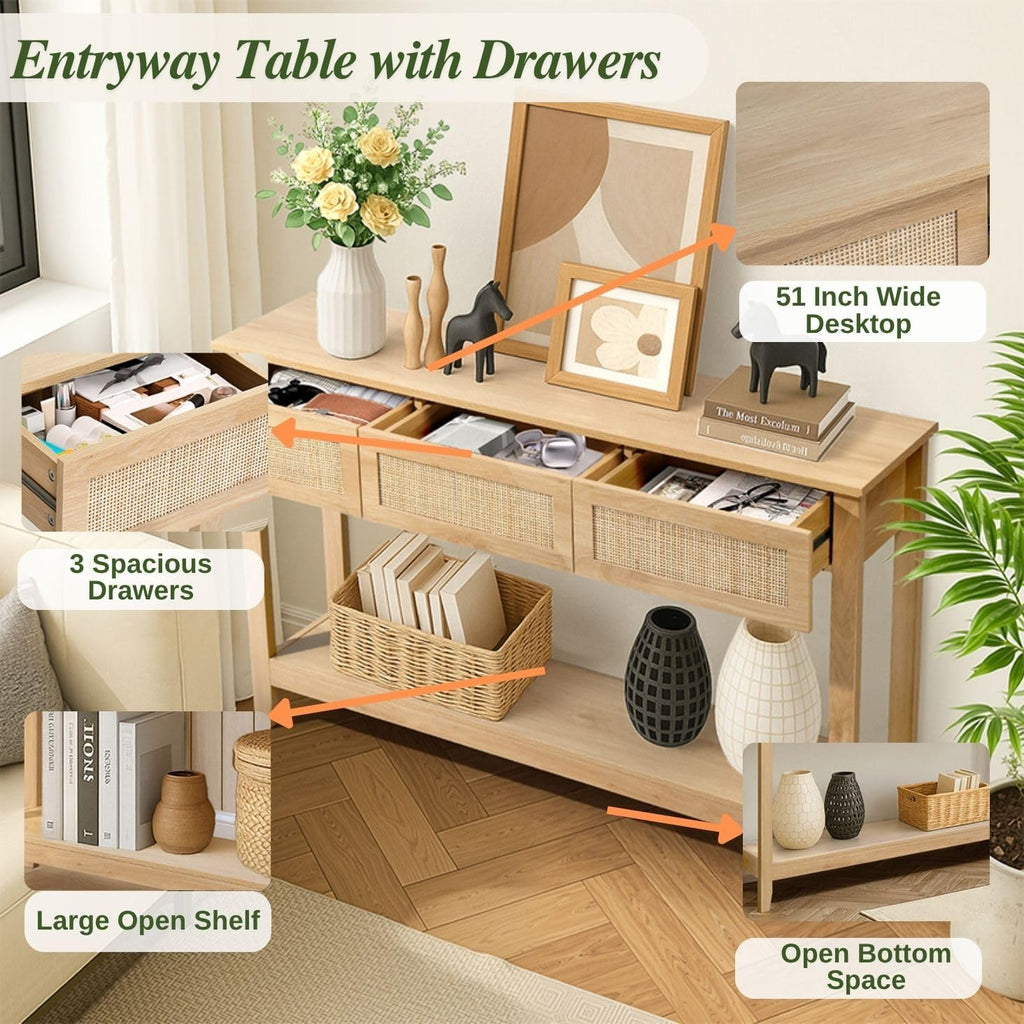 Karl home 51"Console Table w/3 Rattan Drawers & Storage Shelf, Natural Wood | Boho sofa table with 13.1"W rattan drawers,storage shelf,living room and hallway use, natural wood look