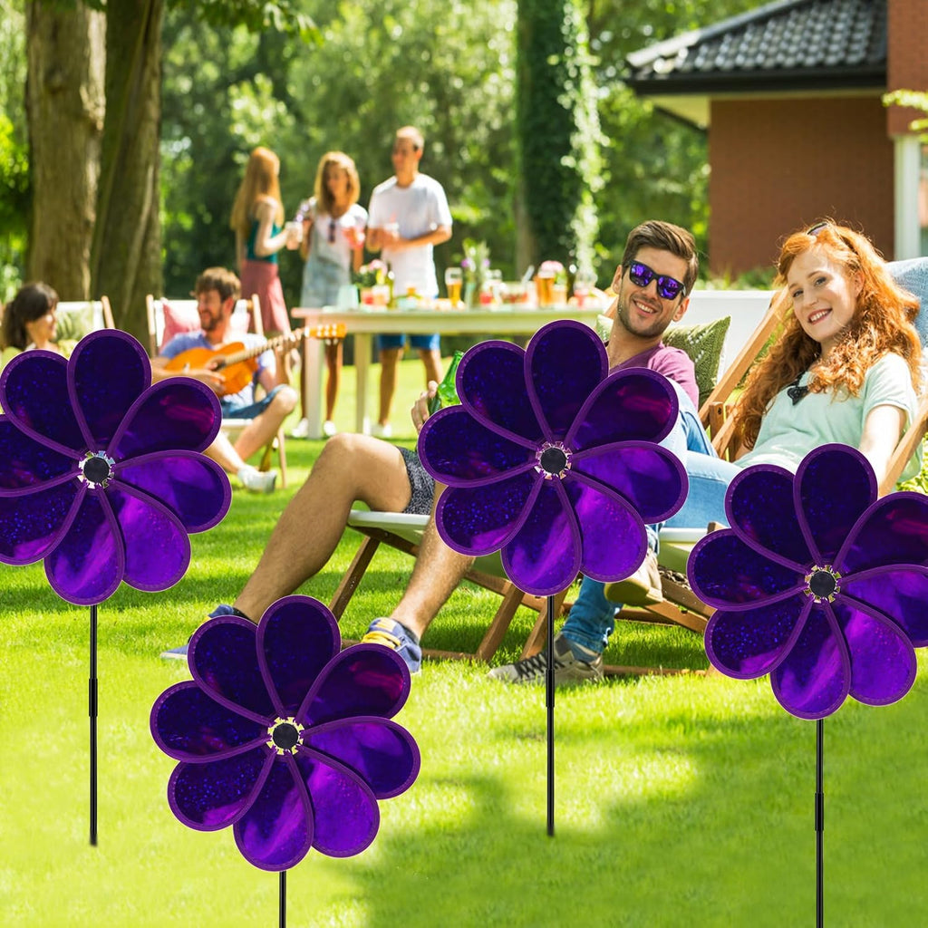 4PCS Flower Wind Spinner Sparkly Lawn Pinwheel 11.8 inch Garden Windmill for Garden, Party, Mardi Gras，Christmas Outdoor, Yard Decor