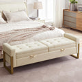 67" Storage Bench for Bedroom End of Bed King Size, Light Cream | Double Lids, Upholstered Faux Leather Storage Bench with Golden Legs for Foot of Bed Window Living Room Entryway