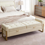 67" Storage Bench for Bedroom End of Bed King Size, Light Cream | Double Lids, Upholstered Faux Leather Storage Bench with Golden Legs for Foot of Bed Window Living Room Entryway