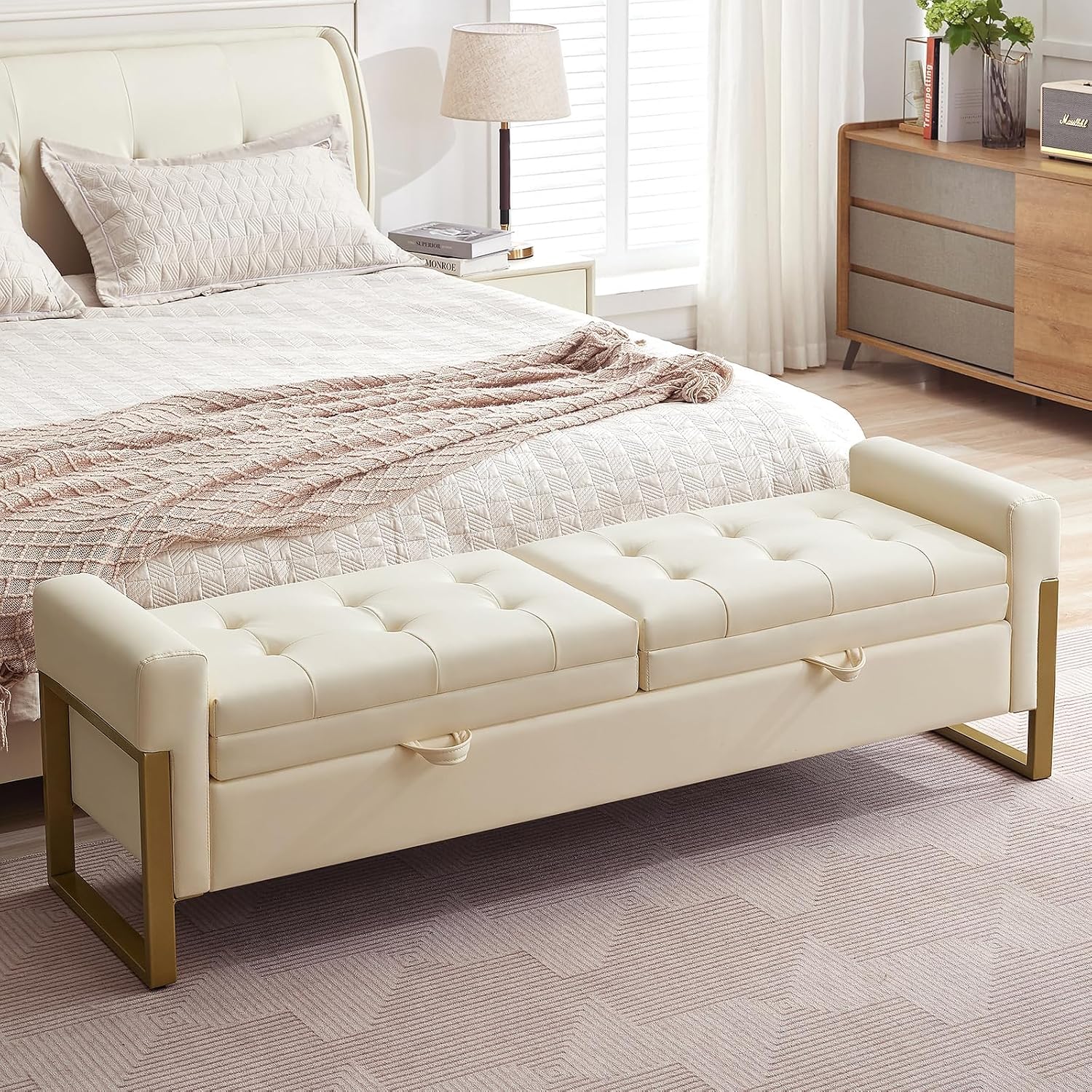 67" Storage Bench for Bedroom End of Bed King Size, Light Cream | Double Lids, Upholstered Faux Leather Storage Bench with Golden Legs for Foot of Bed Window Living Room Entryway