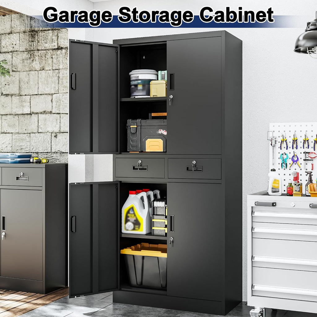 BESFUR Metal Storage Cabinet with 2 Drawers 4 Doors and 2 Adjustable Shelves Garage Storage Cabinet with Lock 71" Office Storage Cabinets Locking Cabinets for Garage Office Shop Home (Black)