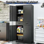 BESFUR Metal Storage Cabinet with 2 Drawers 4 Doors and 2 Adjustable Shelves Garage Storage Cabinet with Lock 71" Office Storage Cabinets Locking Cabinets for Garage Office Shop Home (Black)
