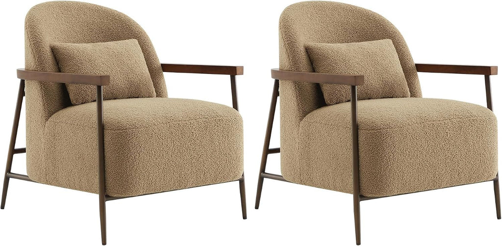 CHITA Accent Chair Set of 2, Sherpa Armchair with Wooden Armrest, Camel | Metal Frame, FSC Certified Living Room Chair for Bedroom, Office, Premium Resilient Foam, 31.9"x27.2"x32.1", 350 Lbs Capacity